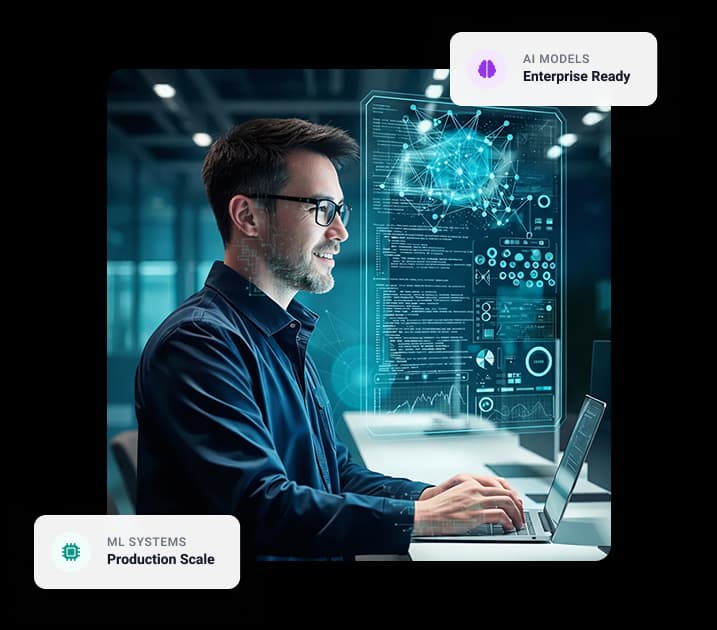 Professional reviewing AI analytics on a display