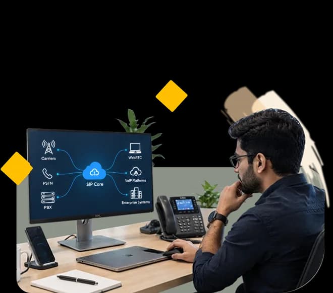 Engineer at a desk phone and monitor showing a SIP core linking carriers, PSTN, PBX, WebRTC and VoIP platforms