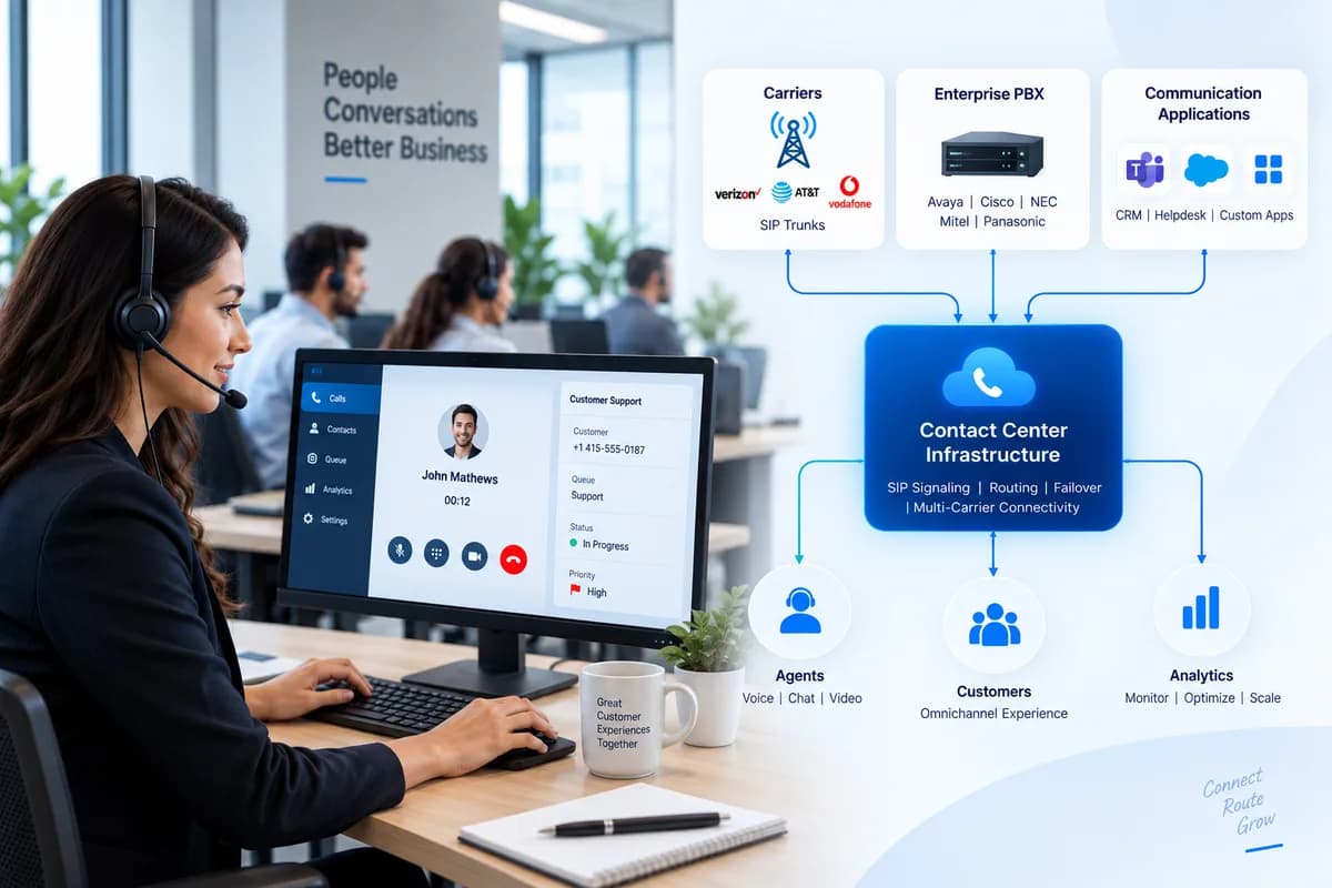 Contact center agent with SIP infrastructure connecting carriers, enterprise PBX and communication applications