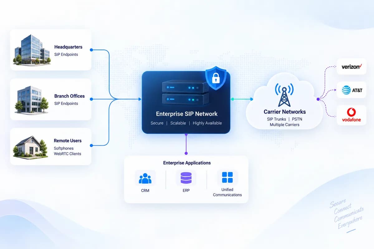 Enterprise SIP network connecting headquarters, branch offices and remote users to carrier networks