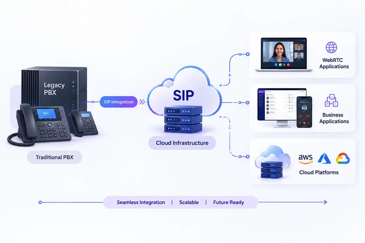 Legacy PBX connected over SIP integration to cloud infrastructure, WebRTC and business applications