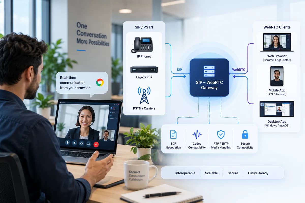 SIP-WebRTC gateway linking IP phones, legacy PBX and PSTN carriers to browser, mobile and desktop clients