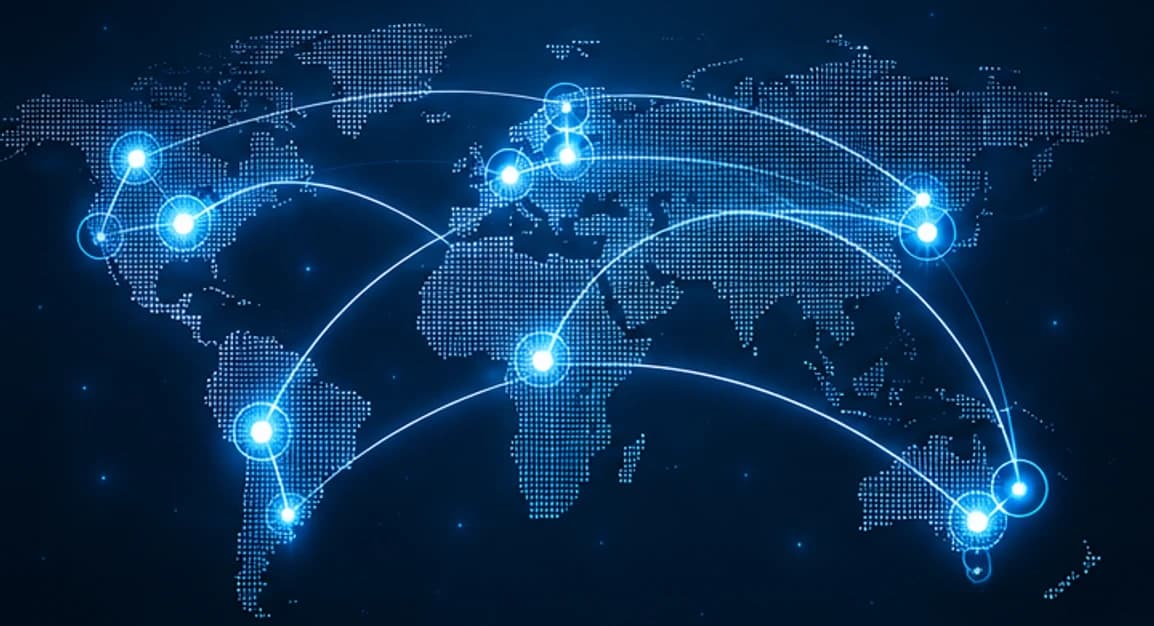 World map of interconnected carrier network routes