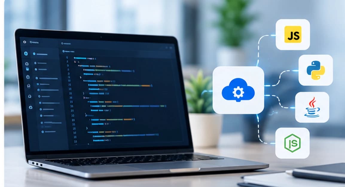 Laptop showing API code connected to a cloud service and JavaScript, Python, Java and Node.js SDKs