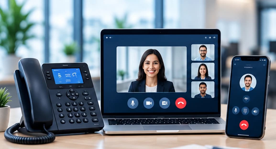 Desk phone, laptop video call and mobile calling app on one communication platform