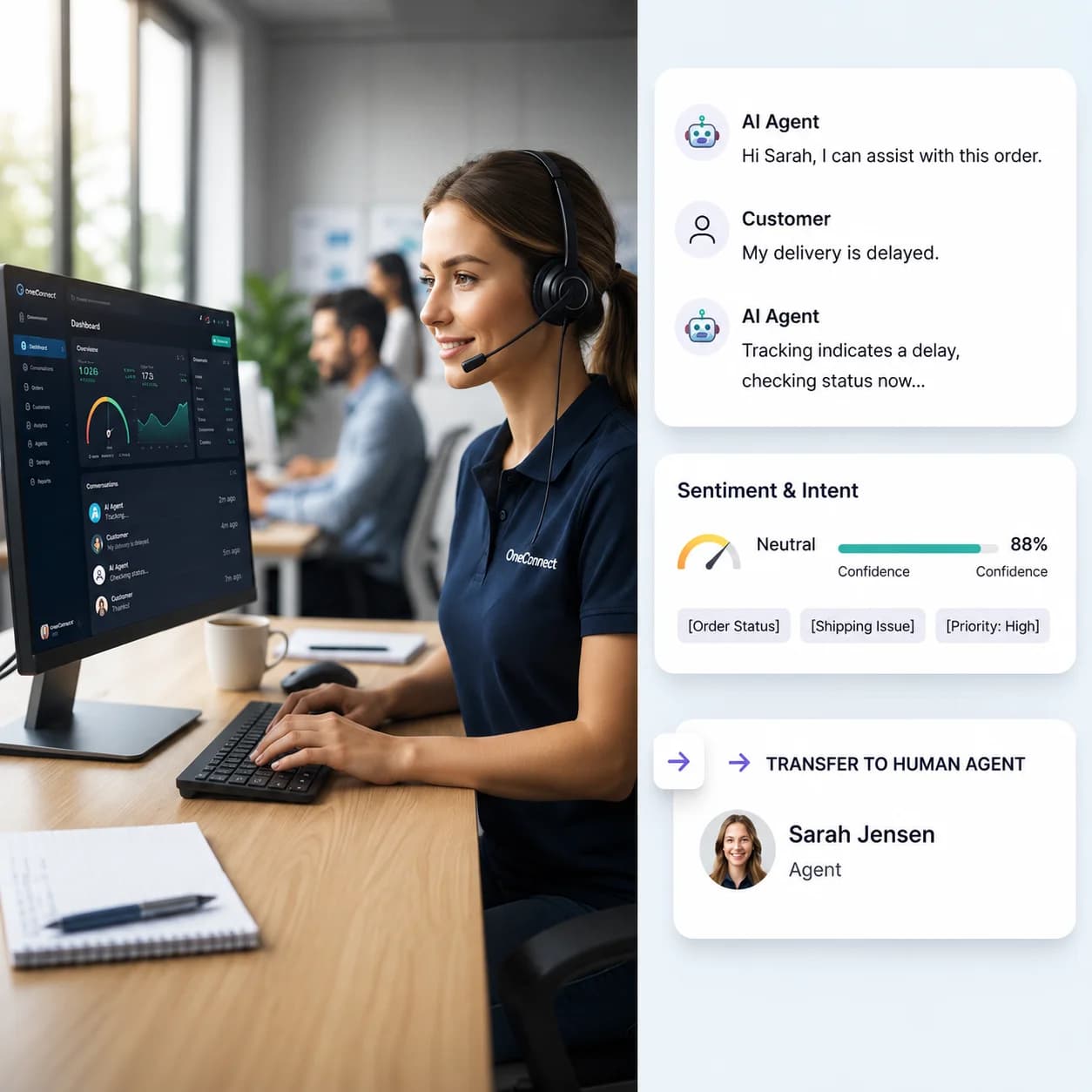 Contact center agent with AI agent transcript and sentiment panel