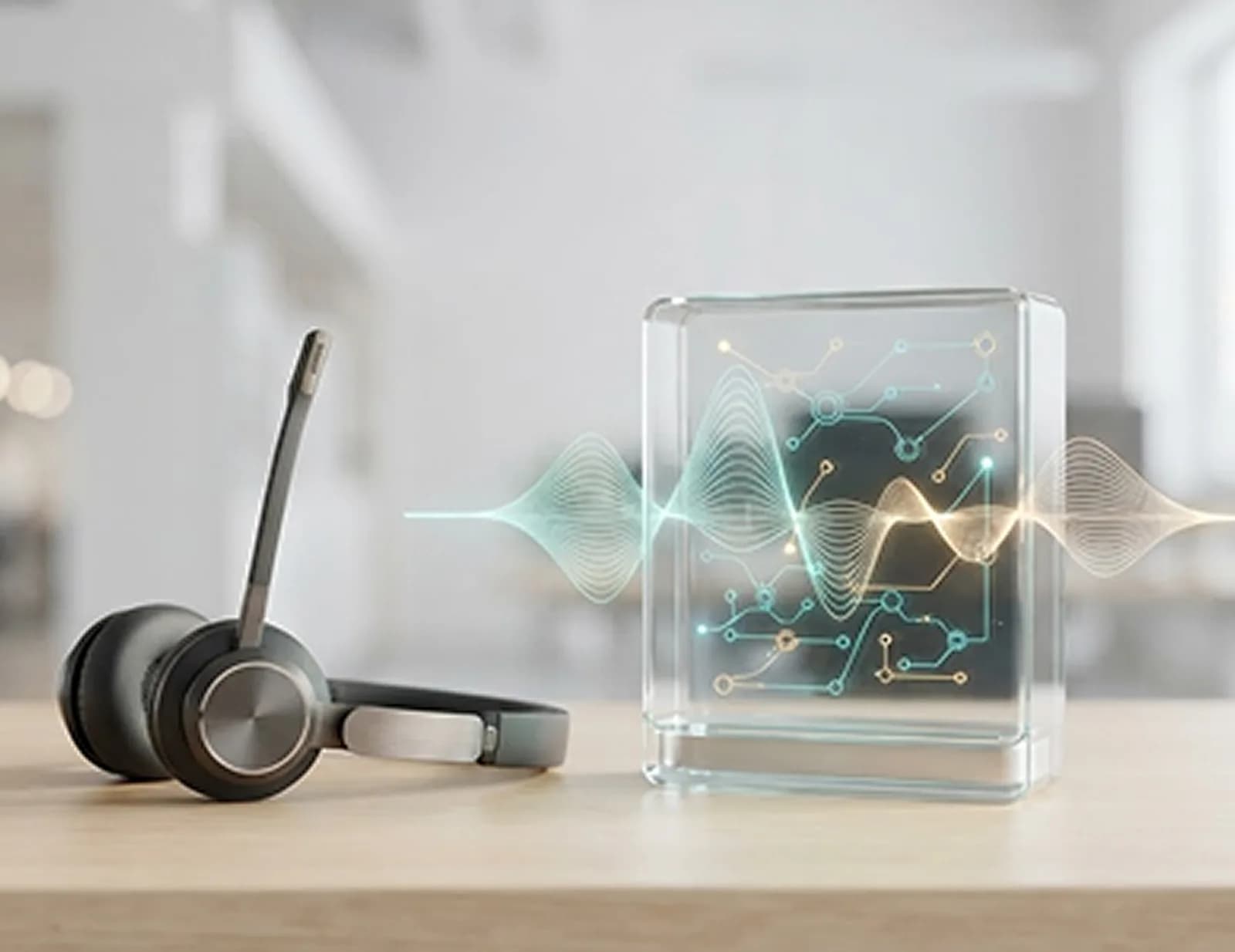 Headset beside a glass cube visualising AI voice waveforms