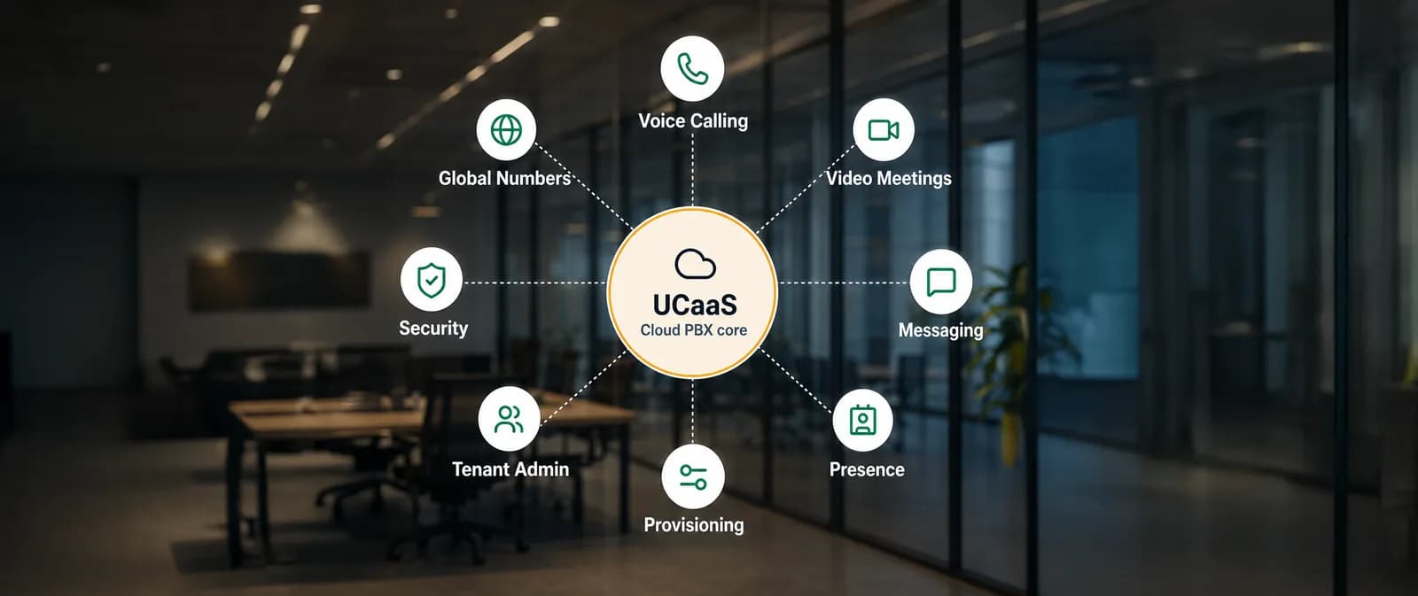 UCaaS cloud PBX core linking voice calling, meetings, messaging and provisioning