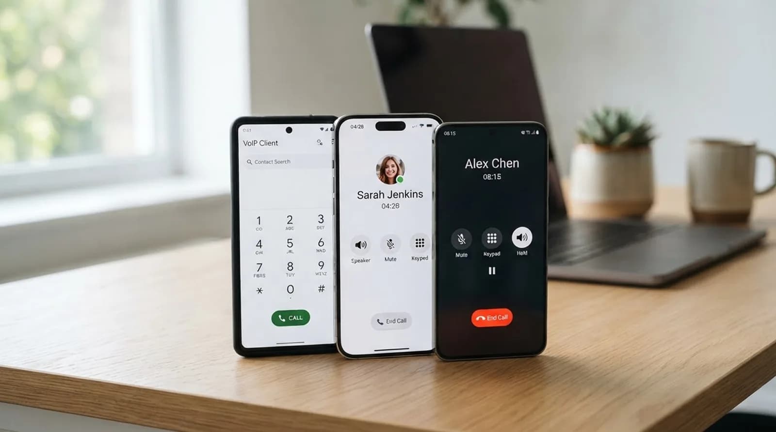Three smartphones showing SIP softphone dialer and call screens