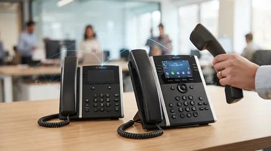 Enterprise VoIP desk phones on an office desk