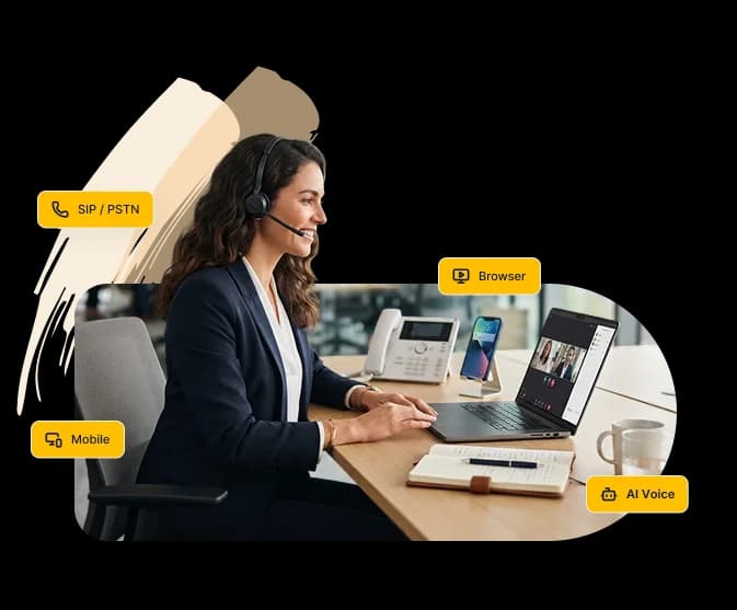 Agent on a VoIP call connected over SIP/PSTN, browser, mobile and AI voice