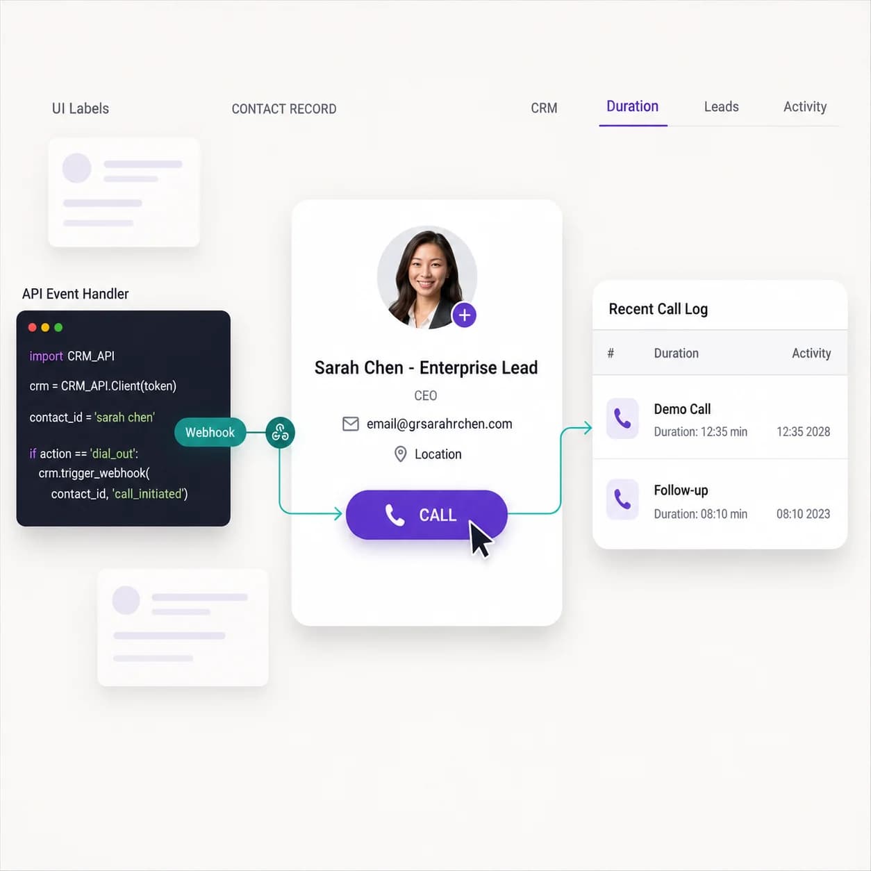 CRM contact card with click-to-call triggered by an API event handler