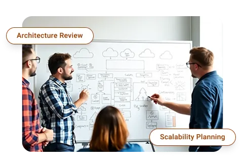 Team collaborating around a whiteboard on architecture and planning